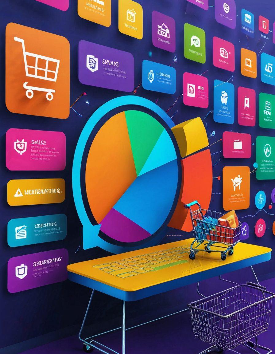 A vibrant e-commerce dashboard with soaring graphs, shopping carts interwoven with digital marketing icons, and satisfied customers. Background shows a seamless blend of digital marketing strategies and UX designs converging into conversions. Use modern, sleek elements in electric colors. 3D infographic style. vibrant colors.