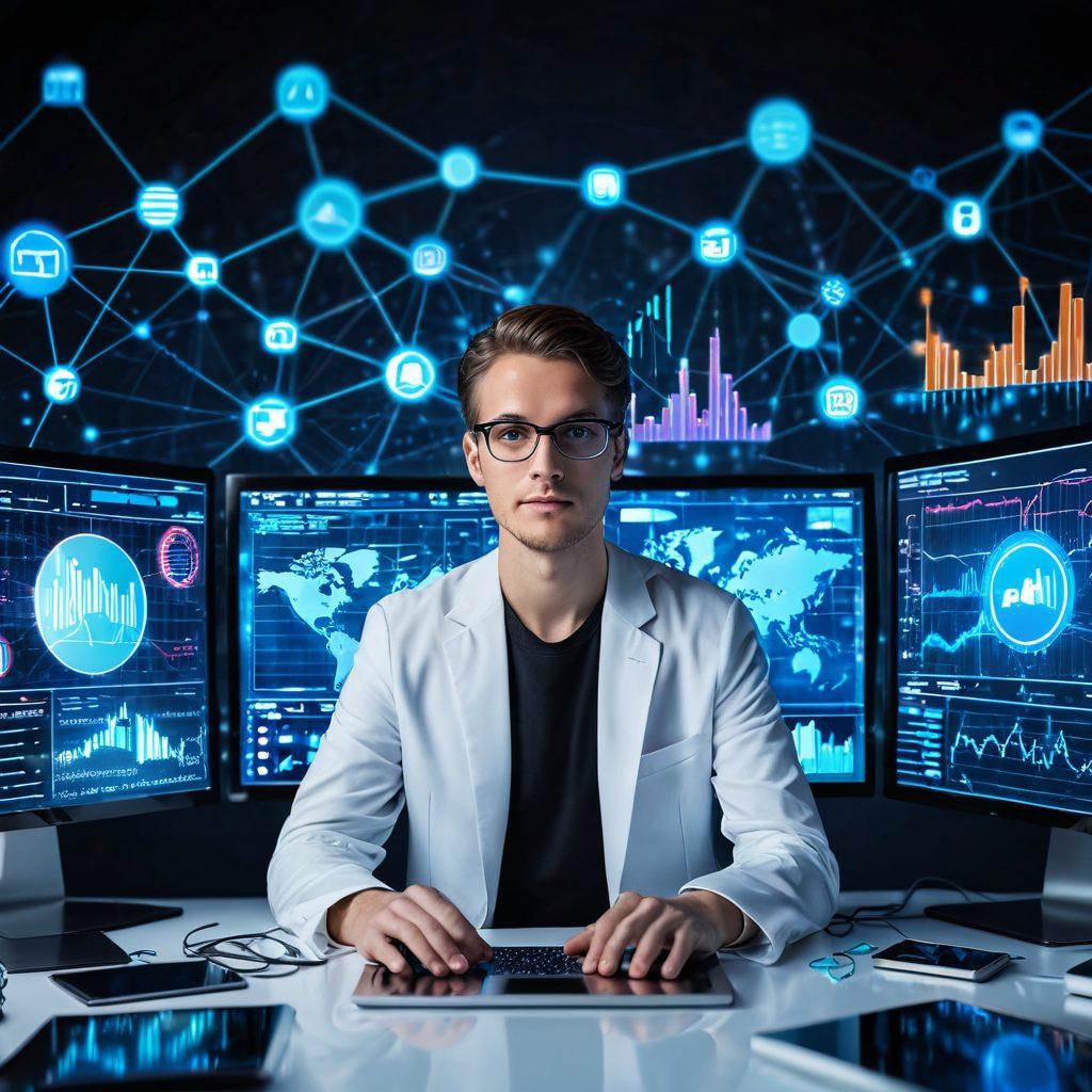 A tech-savvy individual in front of multiple glowing computer screens displaying charts, analytics, and web performance metrics, surrounded by digital networks and floating social media icons, representing ultimate online presence and performance mastery. 3D. vibrant colors. futuristic.